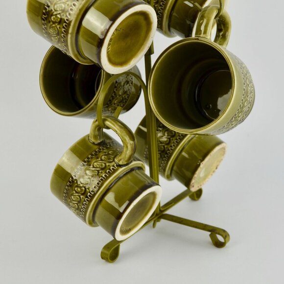 Vintage Avocado Green Japan Coffee Mugs Set of 6 With Storage Tree - Picture 9 of 10